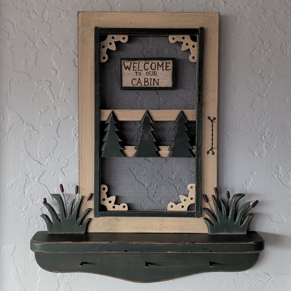 Welcome to Our Cabin Rustic Wall Shelf Decor Hooks Hanger Wood Wire Distressed